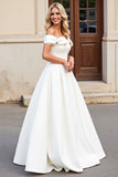 Ivory A-Line Off The Shoulder Satin Long Wedding Dress With Bows