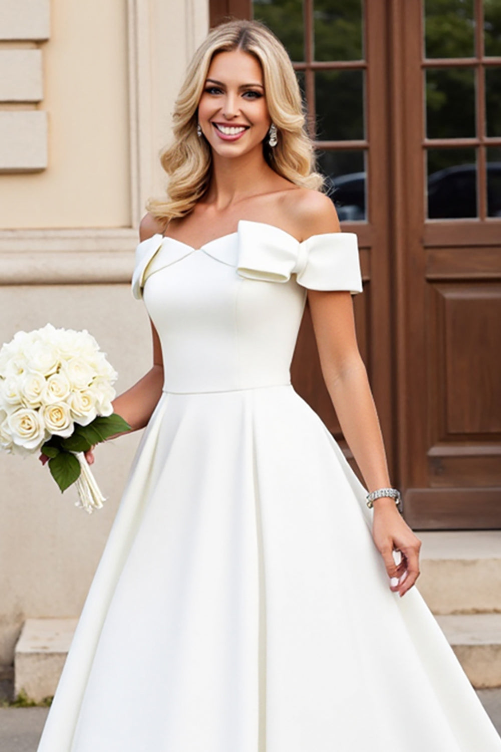 Ivory A-Line Off The Shoulder Satin Long Wedding Dress With Bows