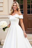 Ivory A-Line Off The Shoulder Satin Long Wedding Dress With Bows