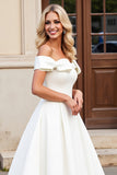 Ivory A-Line Off The Shoulder Satin Long Wedding Dress With Bows