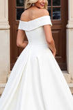 Ivory A-Line Off The Shoulder Satin Long Wedding Dress With Bows
