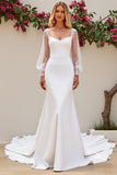 Ivory Mermaid Long Sleeve Satin Wedding Dress With Lace