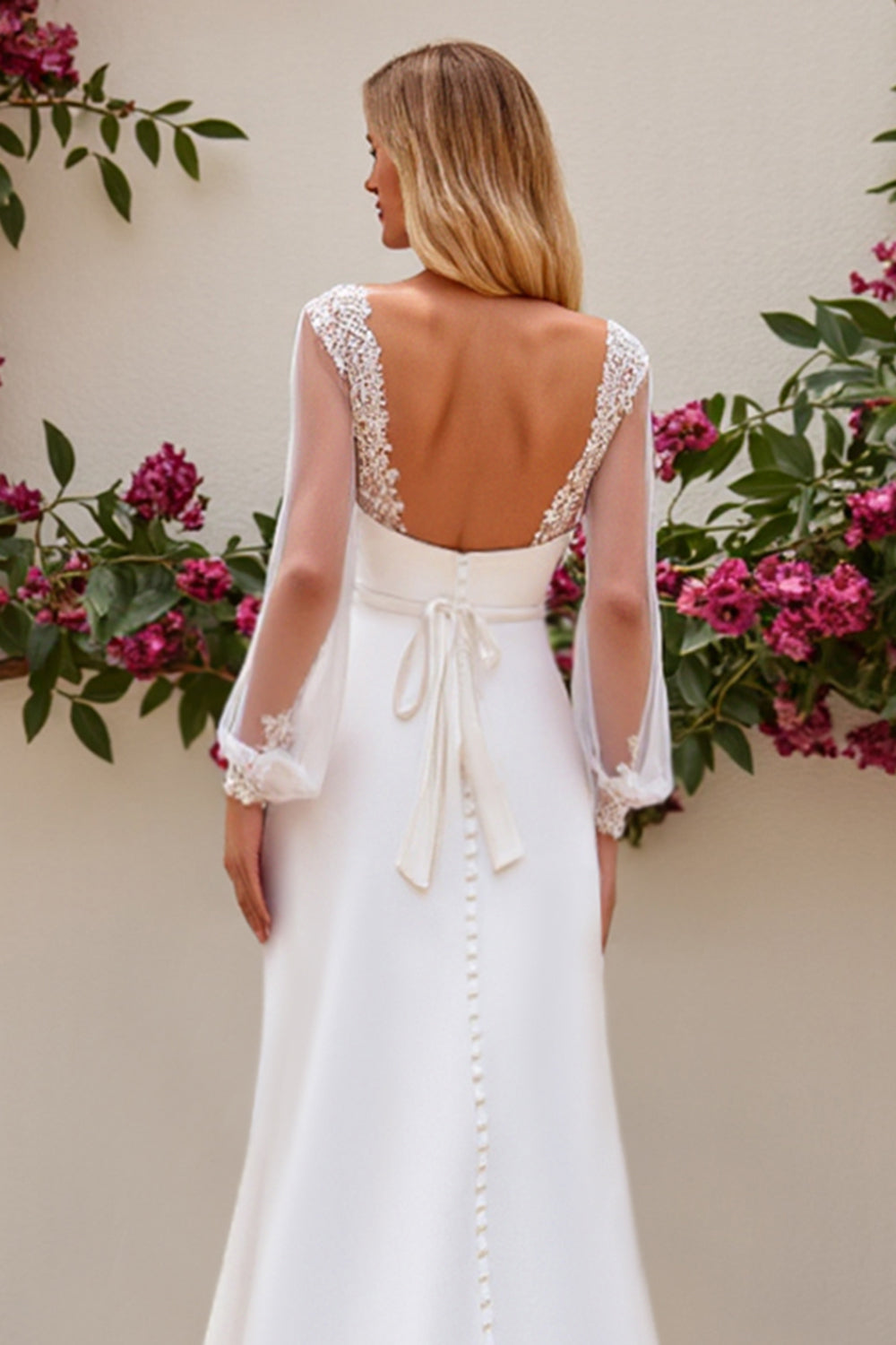 Ivory Mermaid Long Sleeve Satin Wedding Dress With Lace