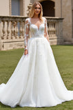 White A-Line V Neck Tulle Long Sleeve Wedding Dress with Appliques