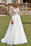 White A-Line V Neck Tulle Long Sleeve Wedding Dress with Appliques