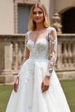 White A-Line V Neck Tulle Long Sleeve Wedding Dress with Appliques