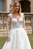 White A-Line V Neck Tulle Long Sleeve Wedding Dress with Appliques