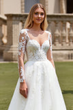 White A-Line V Neck Tulle Long Sleeve Wedding Dress with Appliques