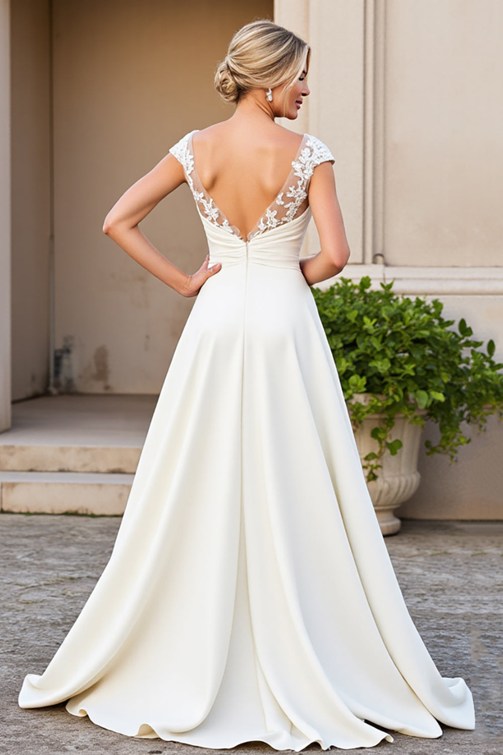 Ivory A-Line V Neck Satin Long Bridal Dress With Lace