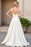 Ivory A-Line V Neck Satin Long Bridal Dress With Lace