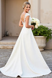 Ivory A-Line V Neck Satin Long Bridal Dress With Lace