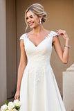 Ivory A-Line V Neck Satin Long Bridal Dress With Lace