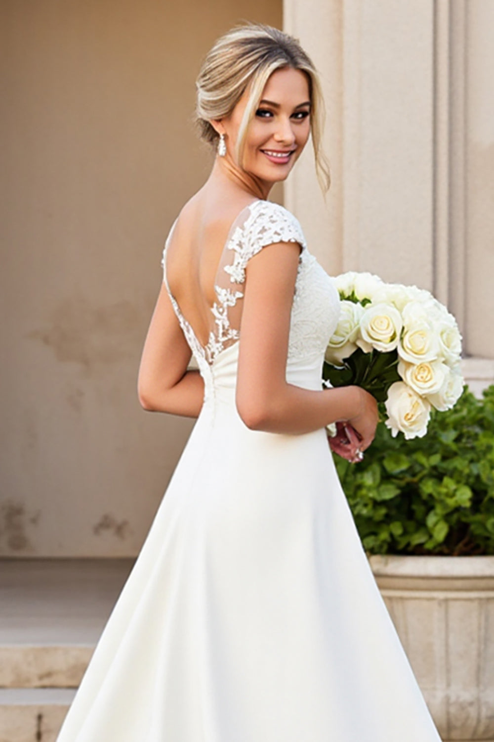 Ivory A-Line V Neck Satin Long Bridal Dress With Lace