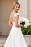 Ivory A-Line V Neck Satin Long Bridal Dress With Lace