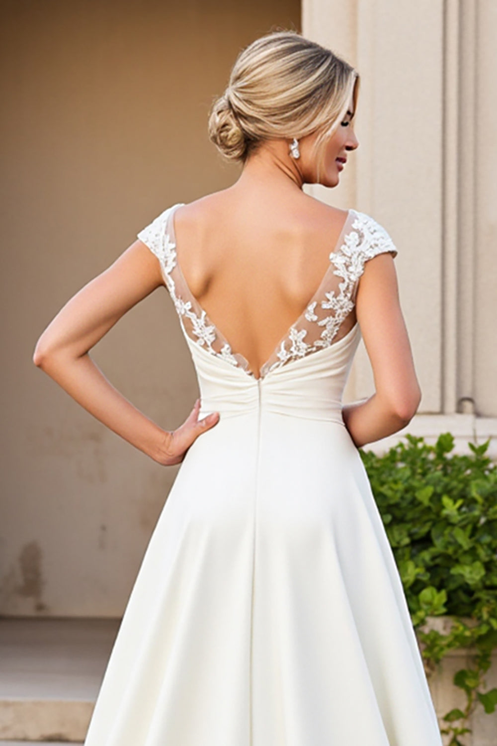 Ivory A-Line V Neck Satin Long Bridal Dress With Lace