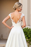 Ivory A-Line V Neck Satin Long Bridal Dress With Lace