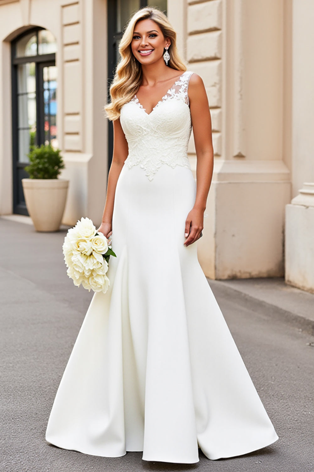 White Mermaid V Neck Satin Long Bridal Dress With Lace Appliques