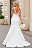 White Mermaid V Neck Satin Long Bridal Dress With Lace Appliques