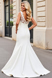 White Mermaid V Neck Satin Long Bridal Dress With Lace Appliques