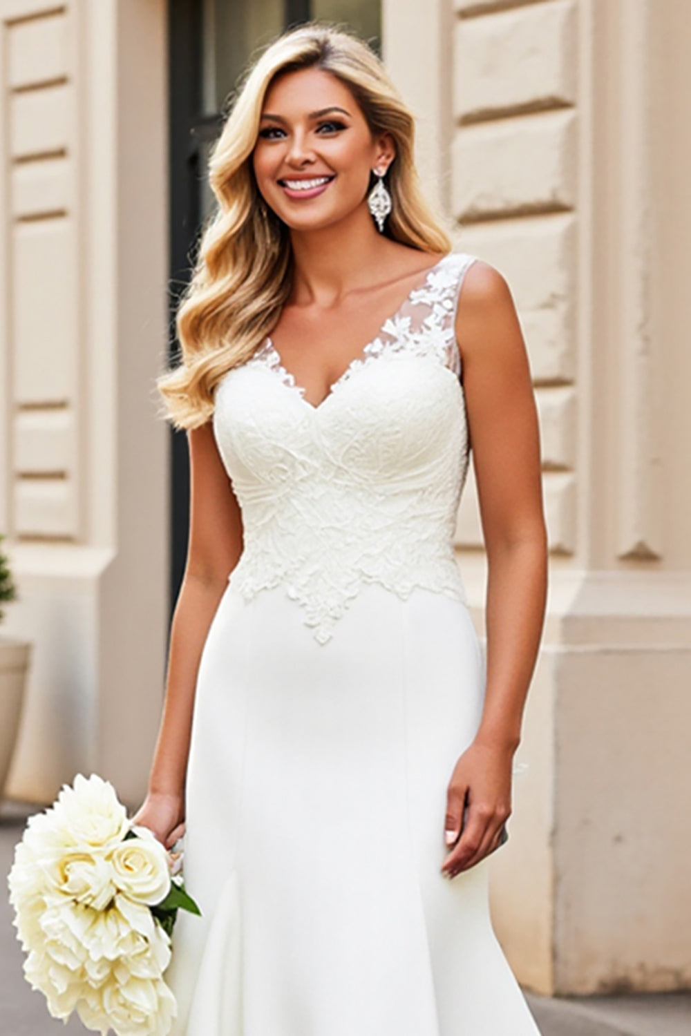 White Mermaid V Neck Satin Long Bridal Dress With Lace Appliques