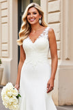 White Mermaid V Neck Satin Long Bridal Dress With Lace Appliques