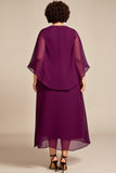 Chiffon A Line Purple Tea Length Plus Size Mother Of The Bride Dress