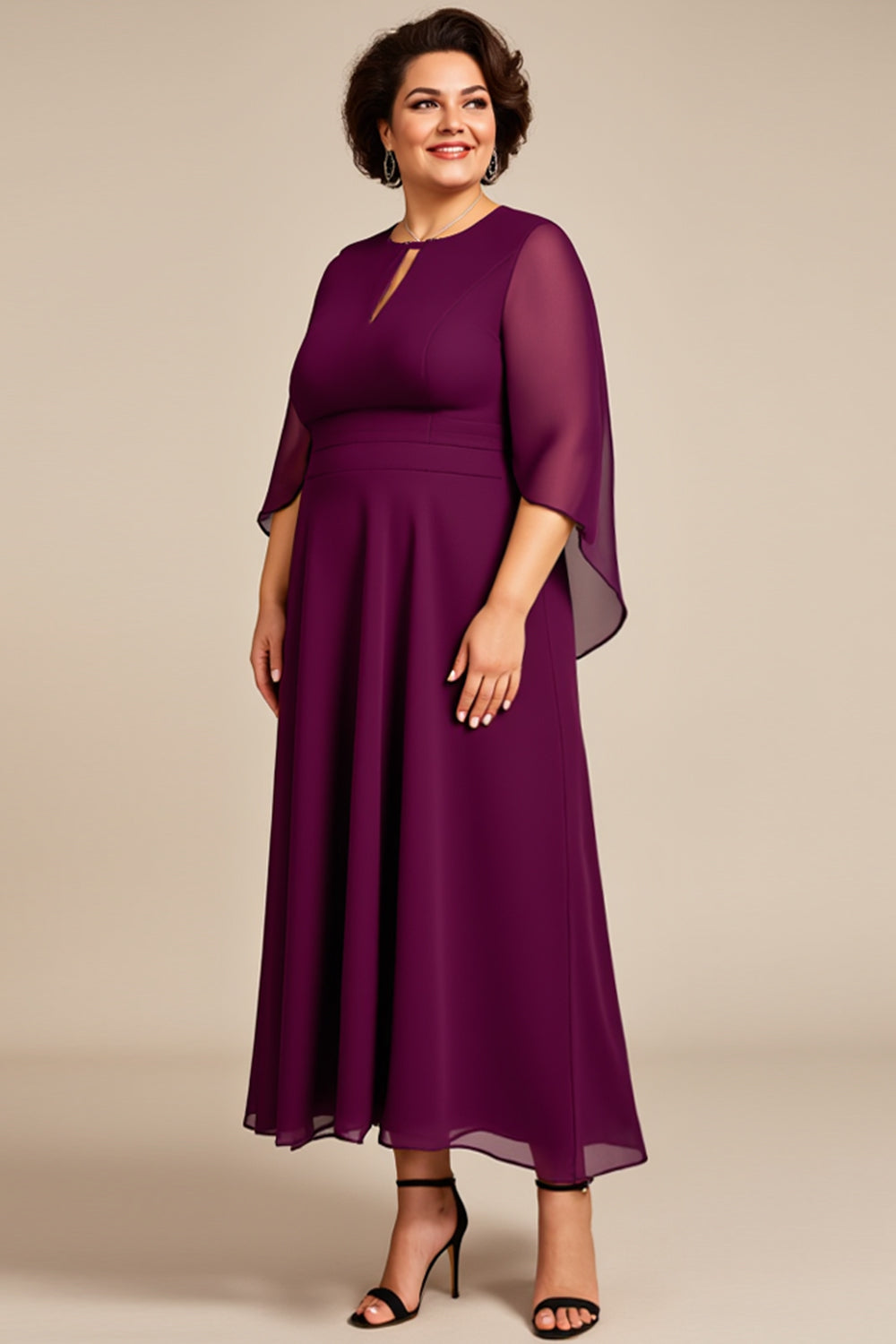 Chiffon A Line Purple Tea Length Plus Size Mother Of The Bride Dress