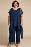Navy Chiffon Round Neck Plus Size Mother Of The Bride Pantsuits