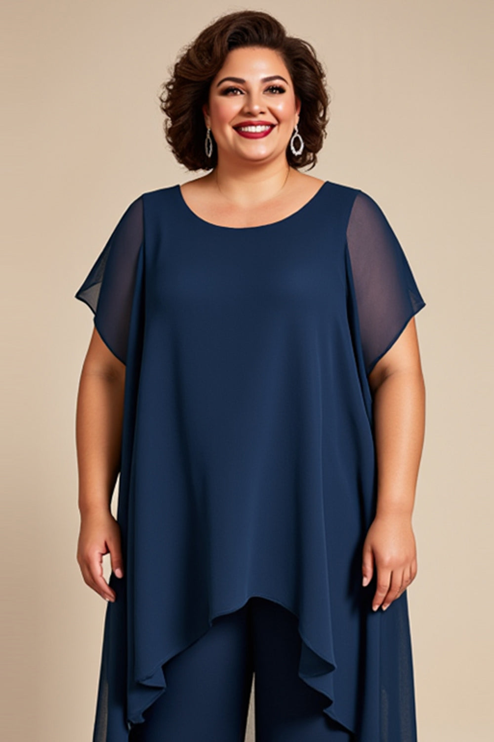 Navy Chiffon Round Neck Plus Size Mother Of The Bride Pantsuits