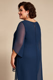 Navy Chiffon Round Neck Plus Size Mother Of The Bride Pantsuits