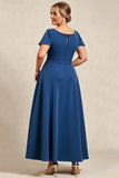 Ink Blue A Line Satin Plus Size Mother of the Bride Dress with Short Sleeves