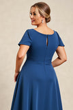 Ink Blue A Line Satin Plus Size Mother of the Bride Dress with Short Sleeves