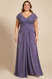 Grey Purple A Line Chiffon Lace Plus Size Mother of the Bride Dress