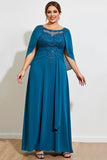 Peacock A Line Lace Chiffon Cape Plus Size Mother of the Bride Dress