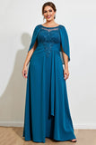 Peacock A Line Lace Chiffon Cape Plus Size Mother of the Bride Dress