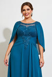 Peacock A Line Lace Chiffon Cape Plus Size Mother of the Bride Dress