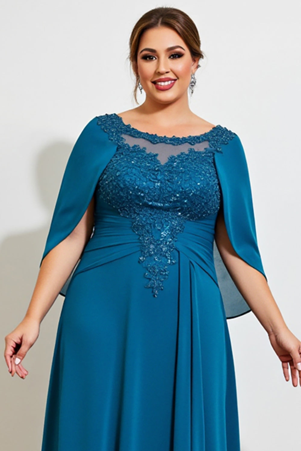 Peacock A Line Lace Chiffon Cape Plus Size Mother of the Bride Dress