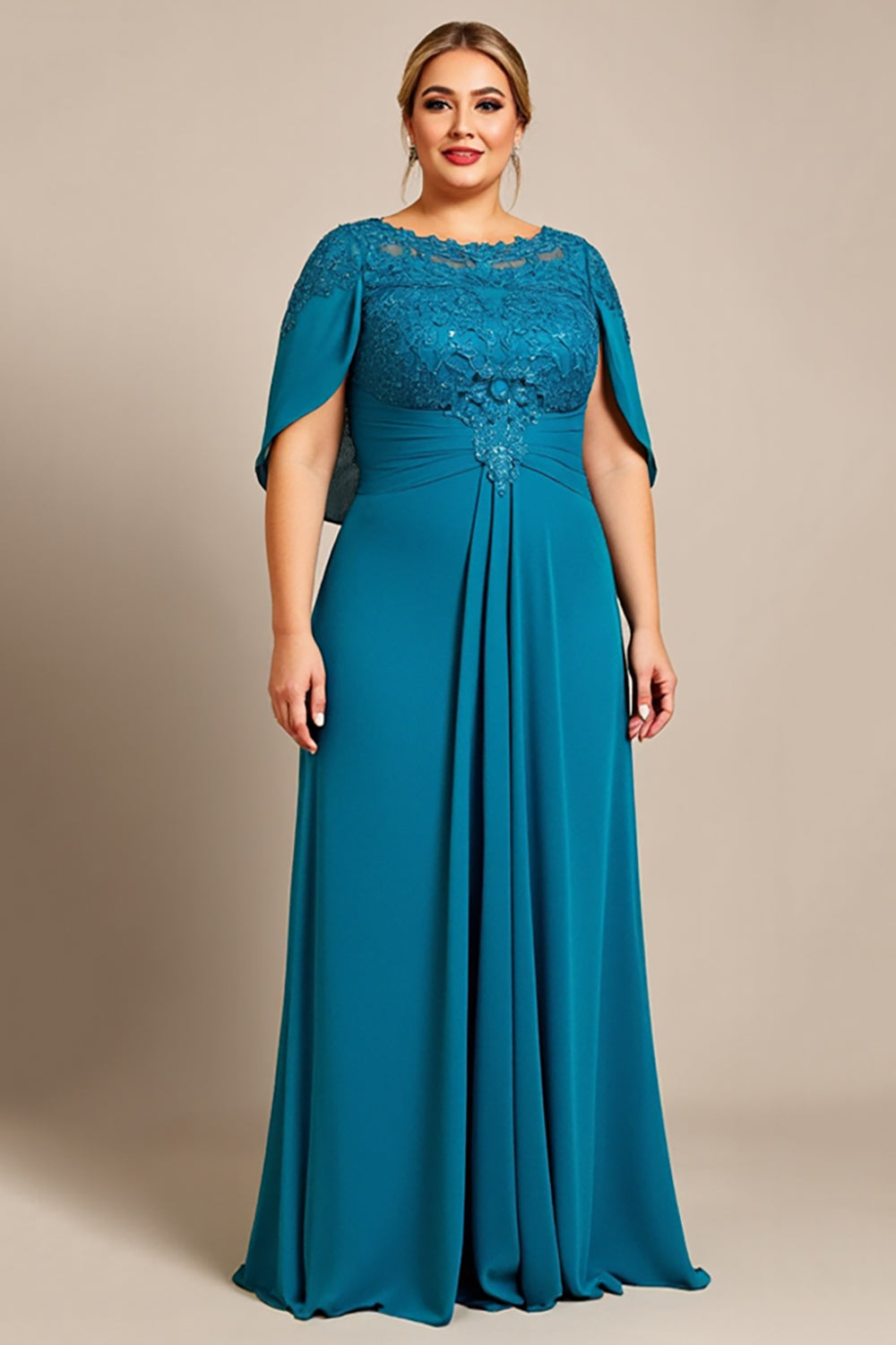 Peacock A Line Chiffon Lace Cape Plus Size Mother of the Bride Dress