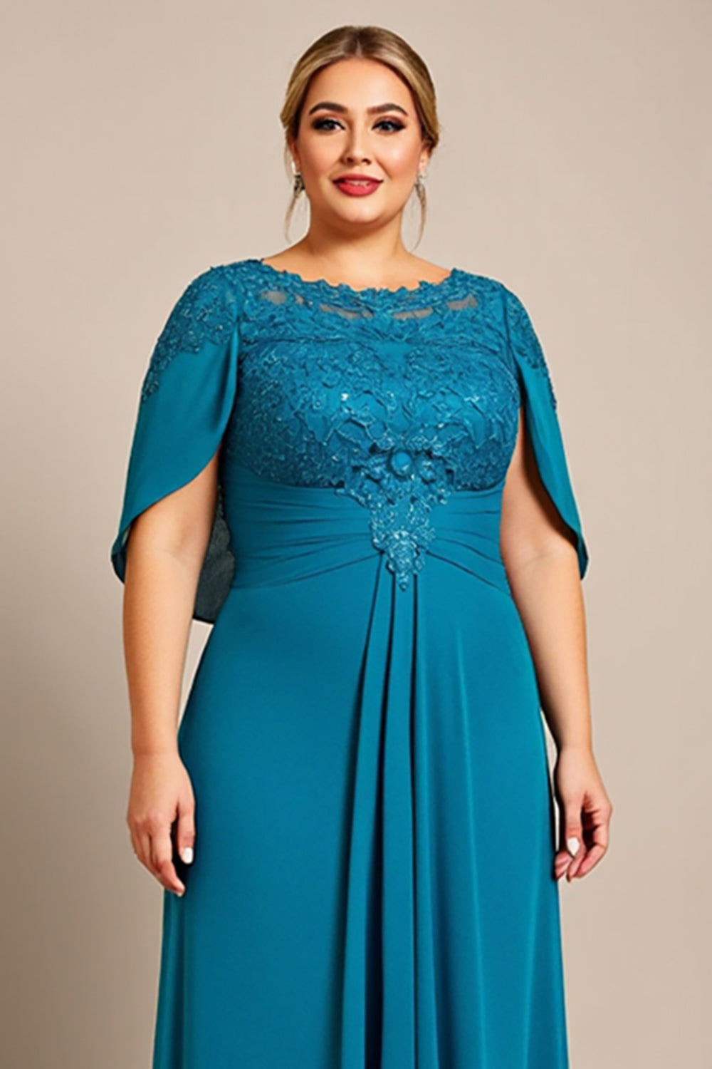 Peacock A Line Chiffon Lace Cape Plus Size Mother of the Bride Dress