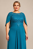 Peacock A Line Chiffon Lace Cape Plus Size Mother of the Bride Dress