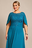 Peacock A Line Chiffon Lace Cape Plus Size Mother of the Bride Dress
