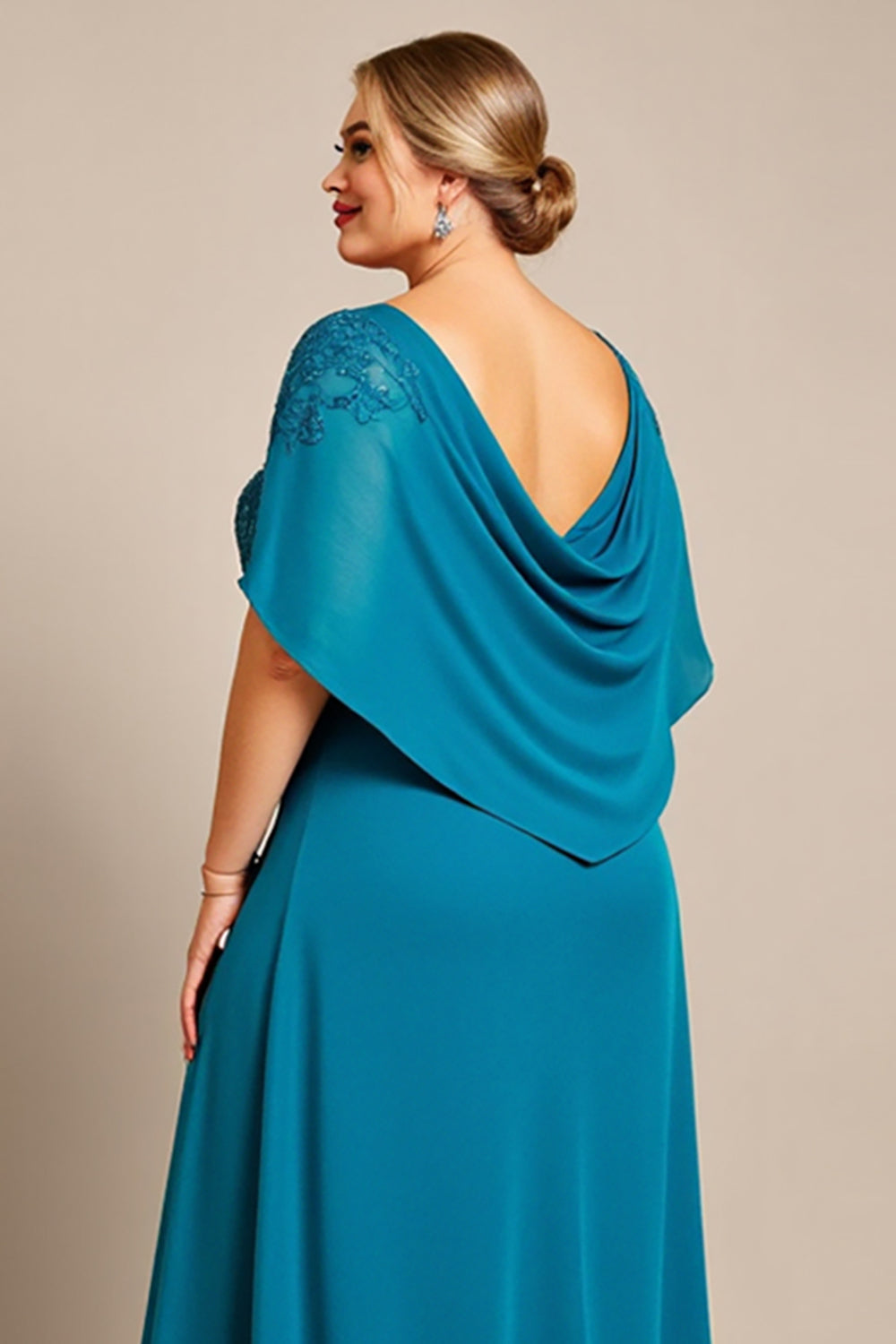 Peacock A Line Chiffon Lace Cape Plus Size Mother of the Bride Dress