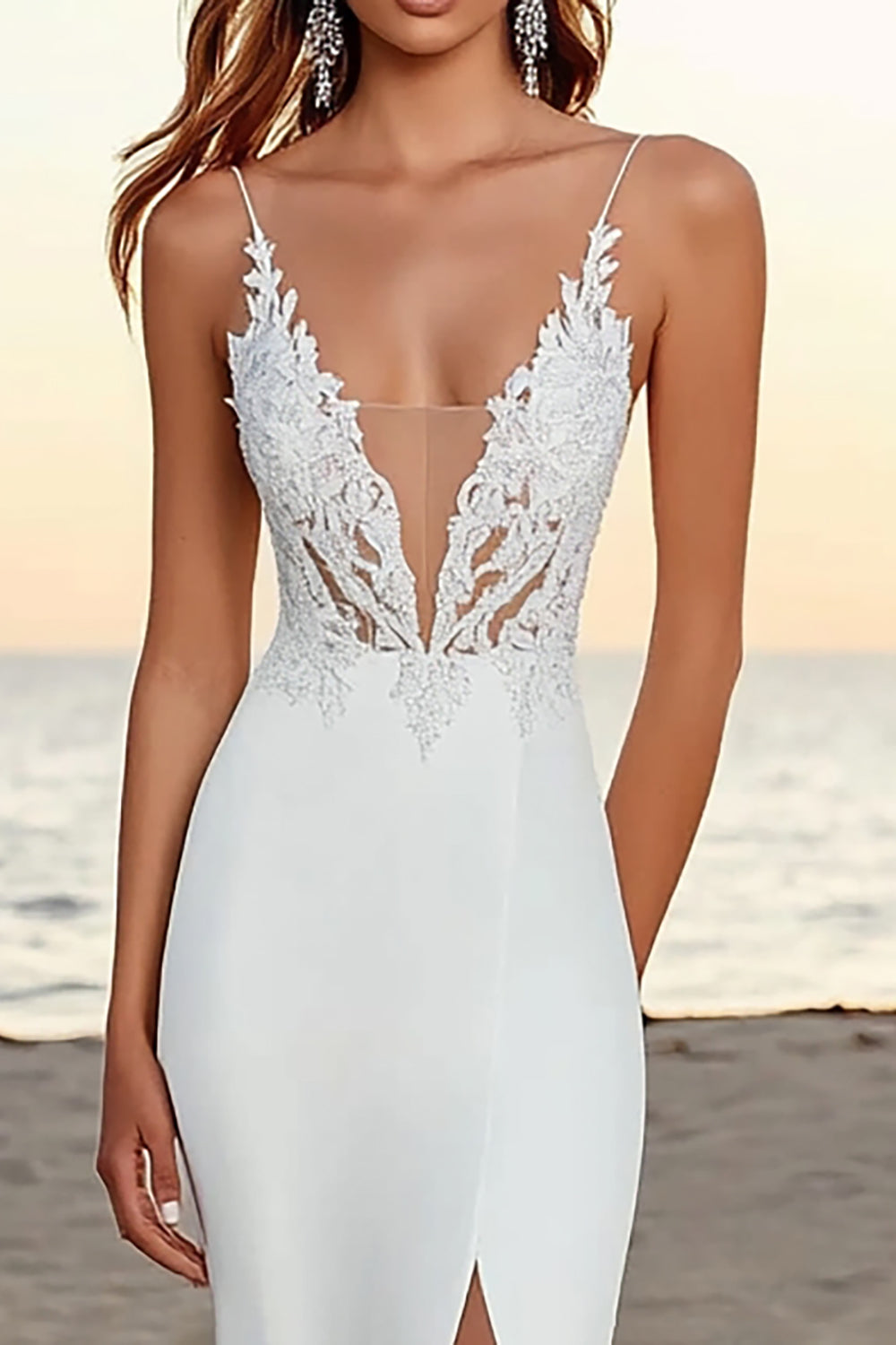 Ivory Mermaid Spaghetti Straps Lace Long Wedding Dress