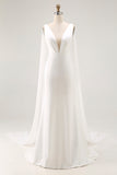 Ivory V Neck Satin Long Wedding Dress with Streamer