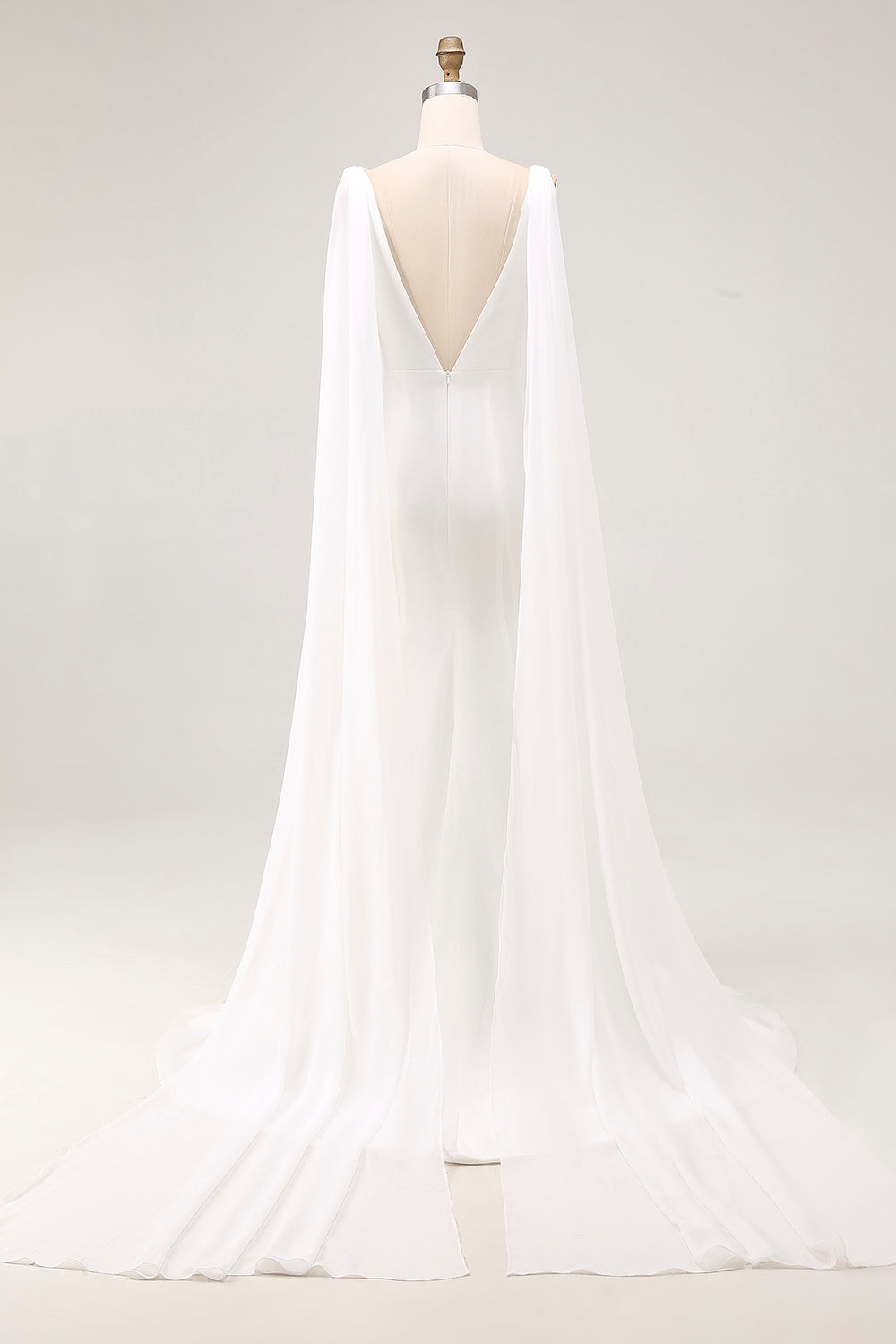 Ivory Satin V Neck Long Wedding Dress with Streamer