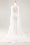Ivory Satin V Neck Long Wedding Dress with Streamer