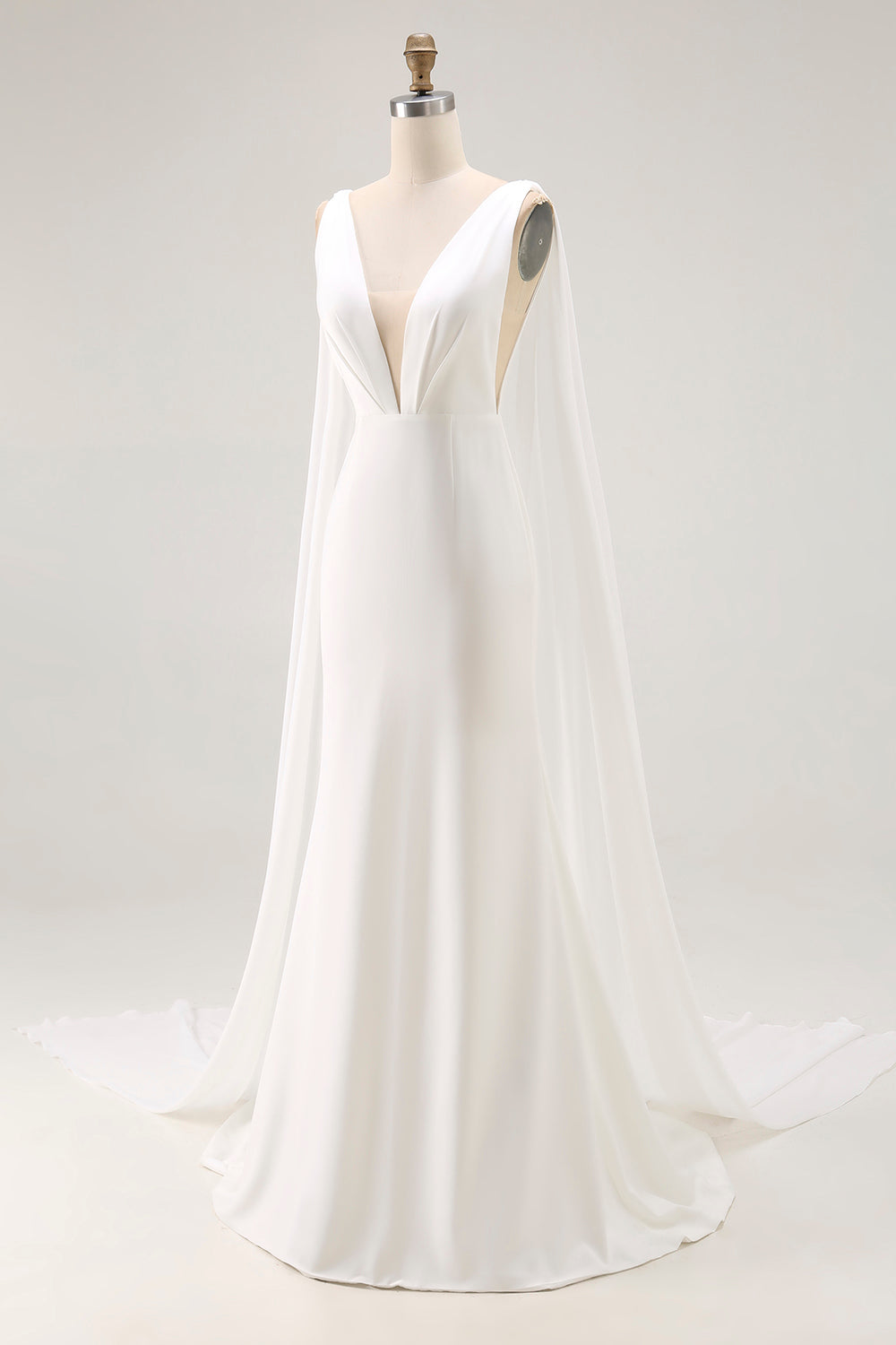Ivory Satin V Neck Long Wedding Dress with Streamer