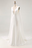 Ivory Satin V Neck Long Wedding Dress with Streamer