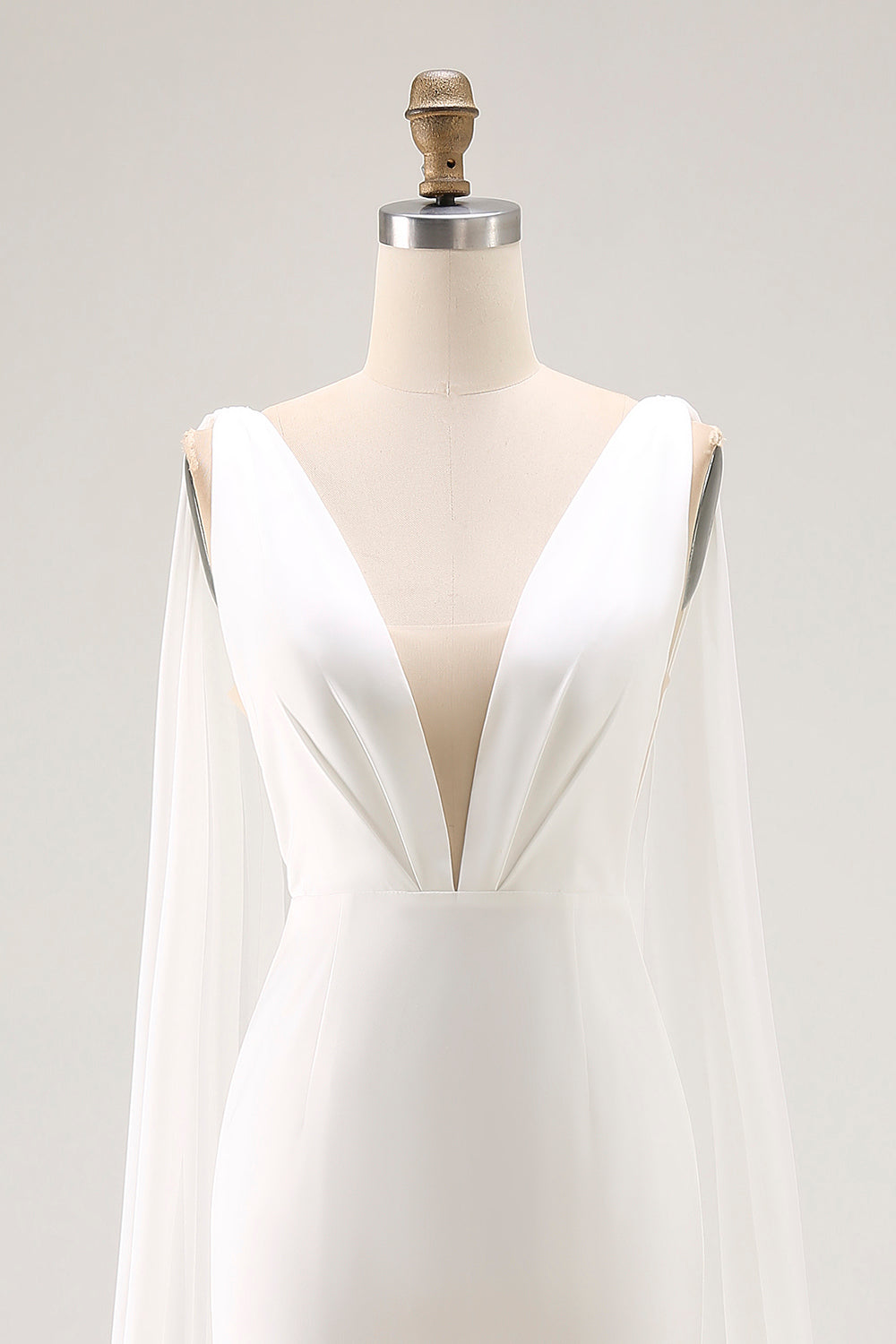 Ivory Satin V Neck Long Wedding Dress with Streamer
