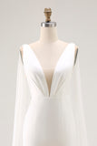 Ivory Satin V Neck Long Wedding Dress with Streamer